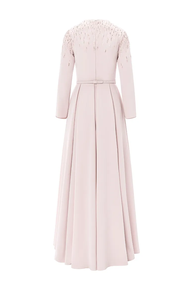 mother of the bride, dress with slit, slit, full length, crepe dress, fitted crepe dress, beaded dress, light pink dress, long sleeves, long dress, v neckline, evening dress, red dress, red carpet dress, ready to wear designer, evening dress Dubai, buy dress Dubai, fashion designer Dubai, Autumn-Winter collection, gala dress