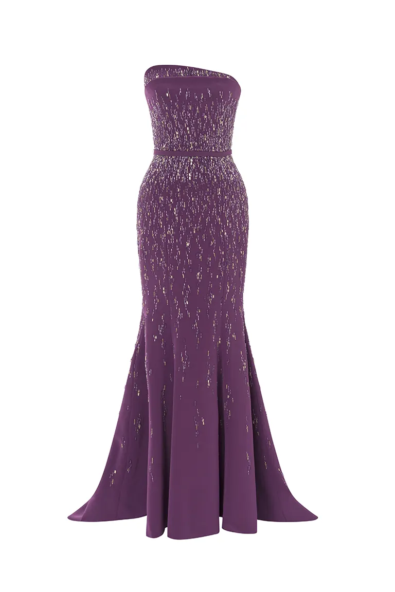 stapless dress, full length, crepe dress, mermaid dress, fitted crepe dress, fully beaded dress, purple dress, majesty dress, long dress, evening dress, , red carpet dress, ready to wear designer, evening dress Dubai, buy dress Dubai, fashion designer Dubai, Autumn-Winter collection, gala dress