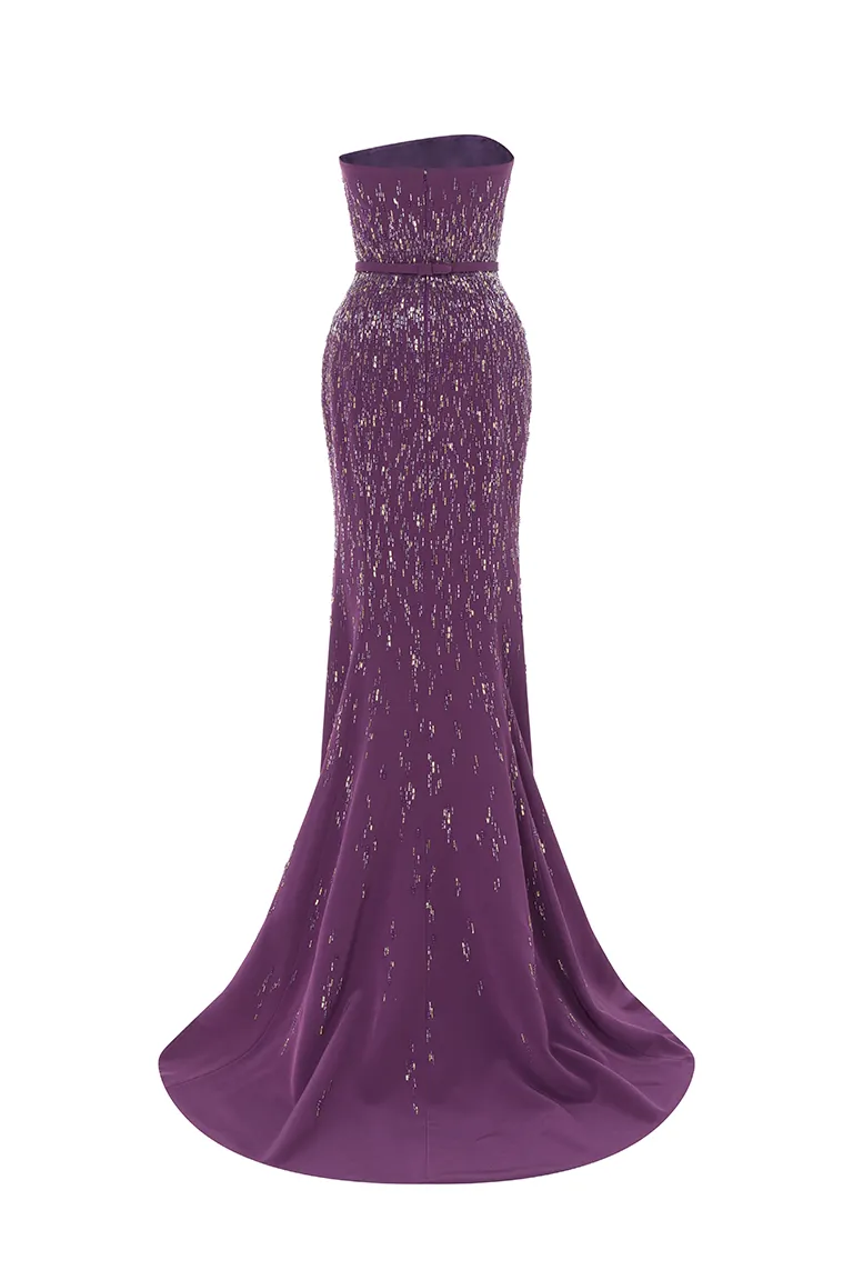 stapless dress, full length, crepe dress, mermaid dress, fitted crepe dress, fully beaded dress, purple dress, majesty dress, long dress, evening dress, , red carpet dress, ready to wear designer, evening dress Dubai, buy dress Dubai, fashion designer Dubai, Autumn-Winter collection, gala dress