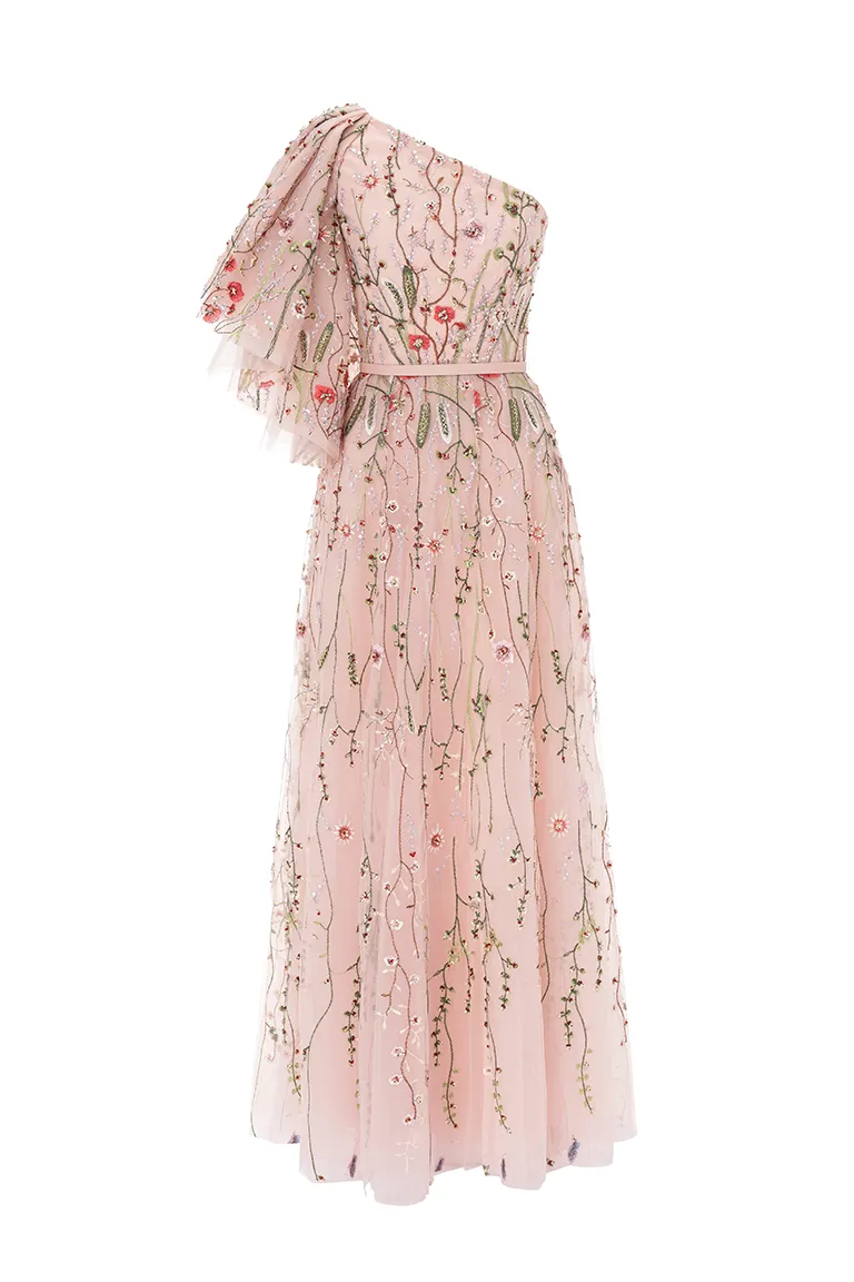 floral tulle, embroidered tulle, asymmetrical shoulder,ruffled bell sleeves ,pink gown, tulle skirt, long dress, evening dress, beading dress, embellished dress, red carpet dress, ready to wear designer, evening dress Dubai, buy dress Dubai, fashion designer Dubai, Autumn-Winter collection, gala dress