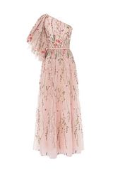 floral tulle, embroidered tulle, asymmetrical shoulder,ruffled bell sleeves ,pink gown, tulle skirt, long dress, evening dress, beading dress,  embellished dress, red carpet dress, ready to wear designer, evening dress Dubai, buy dress Dubai, fashion designer Dubai, Autumn-Winter collection, gala dress