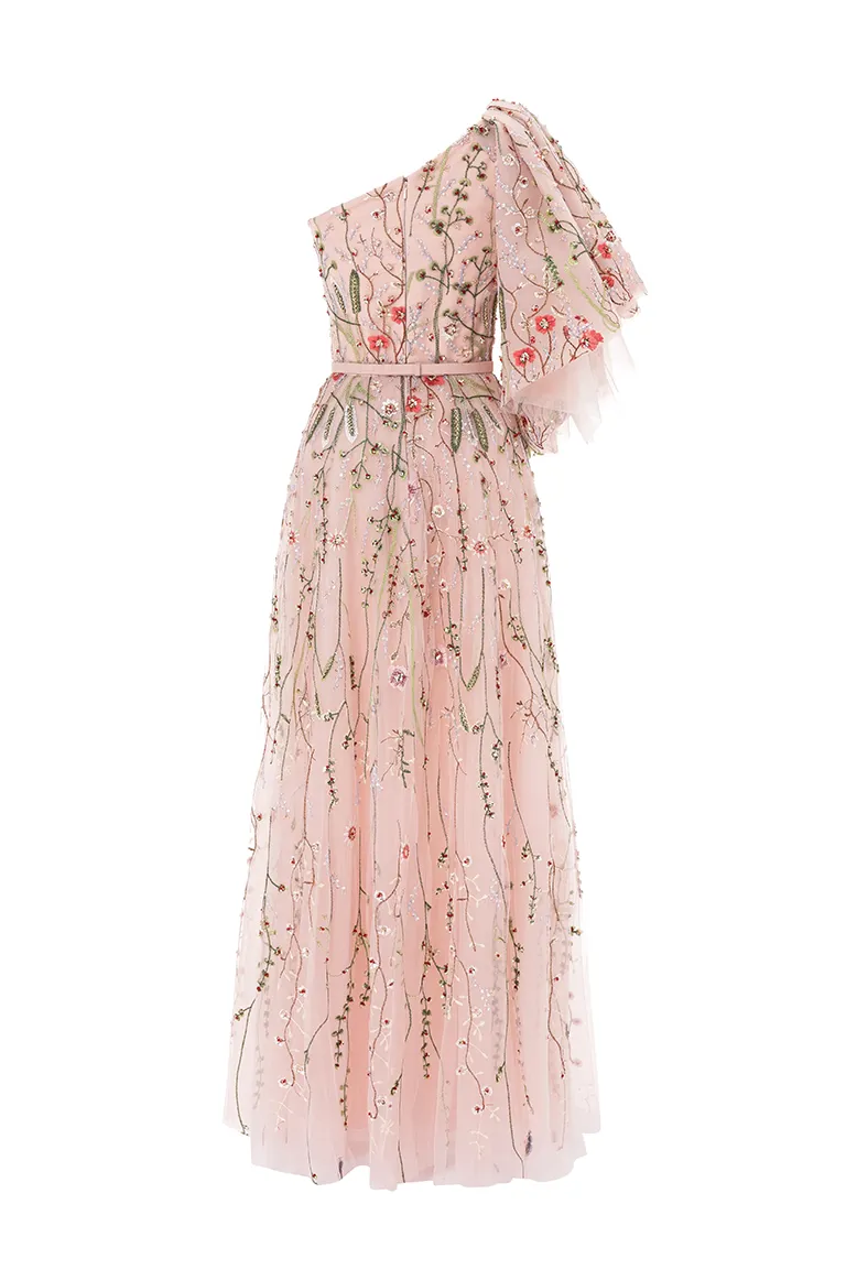 floral tulle, embroidered tulle, asymmetrical shoulder,ruffled bell sleeves ,pink gown, tulle skirt, long dress, evening dress, beading dress, embellished dress, red carpet dress, ready to wear designer, evening dress Dubai, buy dress Dubai, fashion designer Dubai, Autumn-Winter collection, gala dress