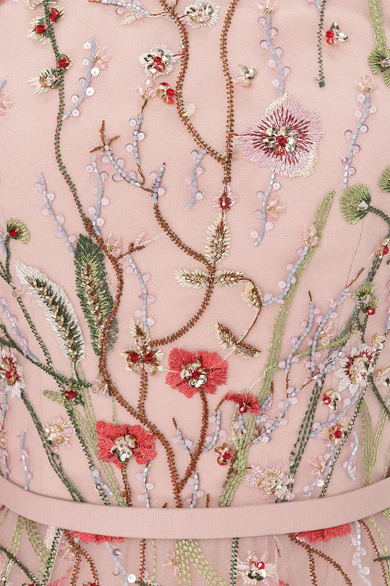 floral tulle, embroidered tulle, asymmetrical shoulder,ruffled bell sleeves ,pink gown, tulle skirt, long dress, evening dress, beading dress, embellished dress, red carpet dress, ready to wear designer, evening dress Dubai, buy dress Dubai, fashion designer Dubai, Autumn-Winter collection, gala dress