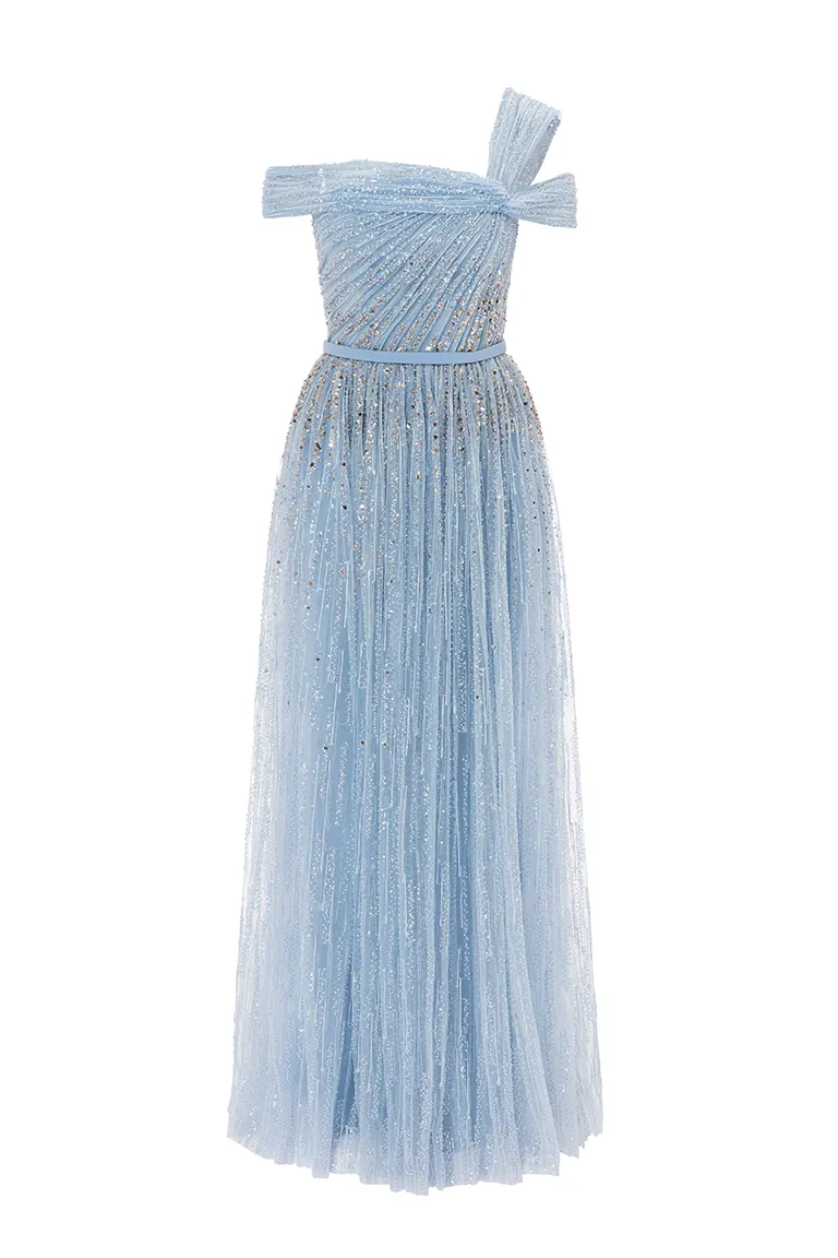 mother of the bride, beadwork, blue dress, embroidery, beading, flowy fully embellished dress,asymetrical dress, tulle dress, ball gown, long dress, draped top, asymmetric shoulder strap, evening dress, beading dress, red carpet dress, ready to wear designer, evening dress Dubai, buy dress Dubai, fashion designer Dubai, Autumn-Winter collection, gala dress