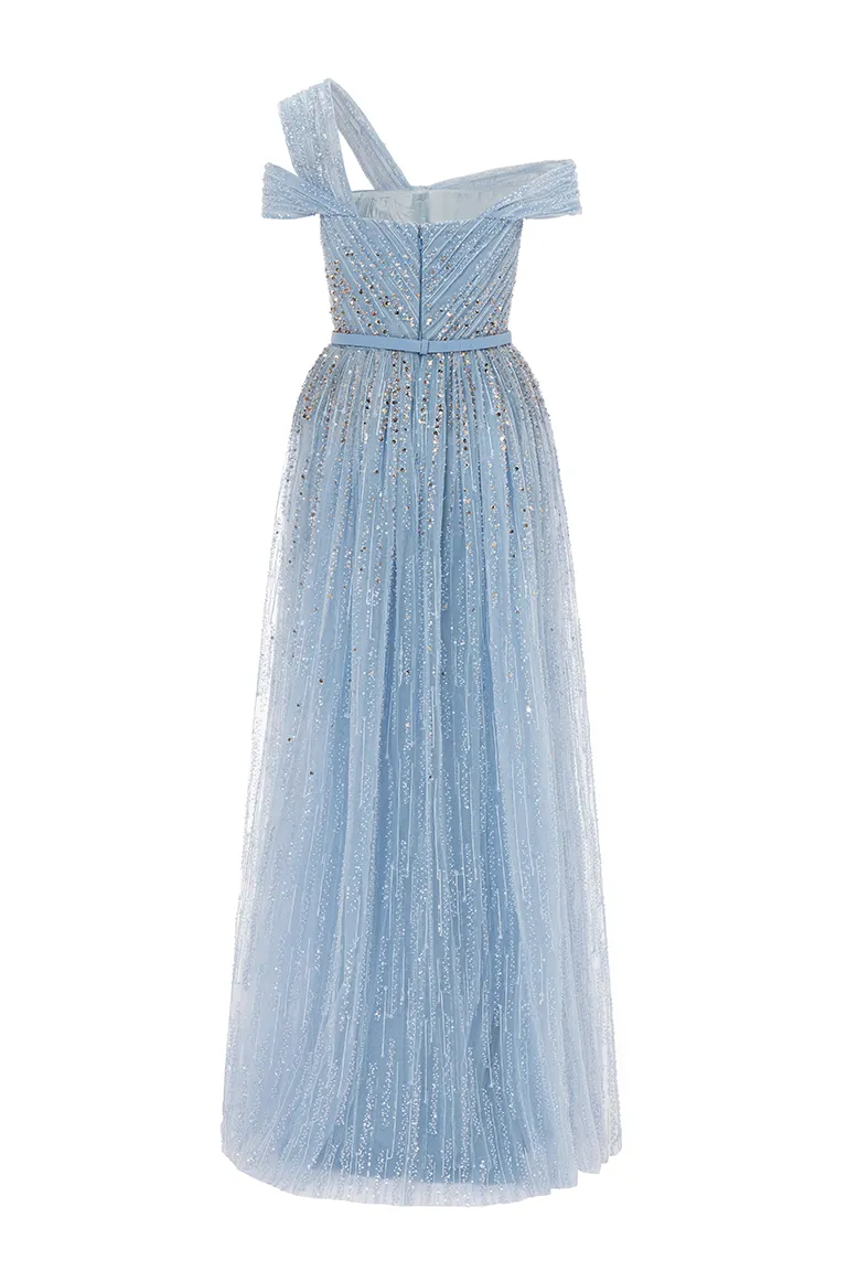 mother of the bride, beadwork, blue dress, embroidery, beading, flowy fully embellished dress,asymetrical dress, tulle dress, ball gown, long dress, draped top, asymmetric shoulder strap, evening dress, beading dress, red carpet dress, ready to wear designer, evening dress Dubai, buy dress Dubai, fashion designer Dubai, Autumn-Winter collection, gala dress