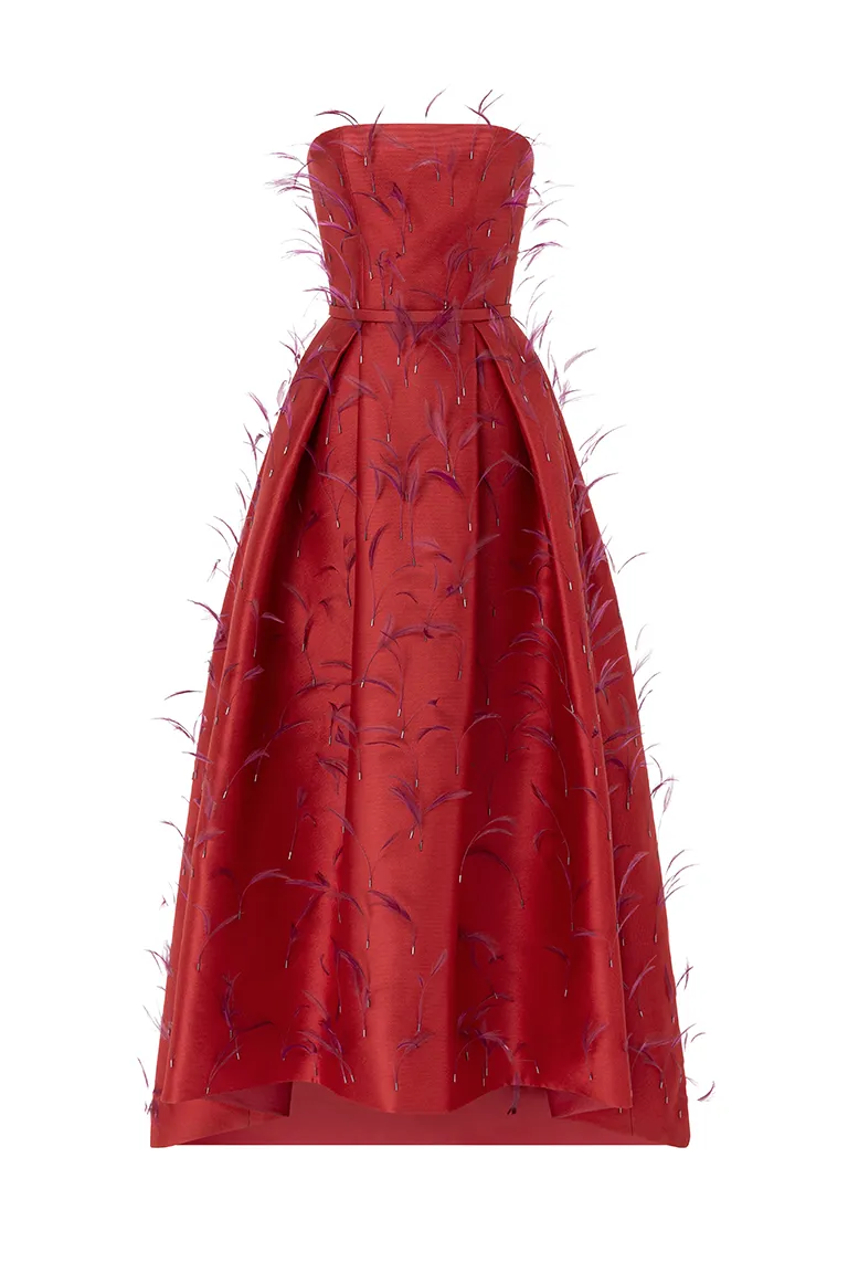 stapless dress, full length, satin dress, Aline dress, gown dress, intricate feathers dress, red dress, pockets dress, long dress, evening dress, red carpet dress, ready to wear designer, evening dress Dubai, buy dress Dubai, fashion designer Dubai, Autumn-Winter collection, gala dress