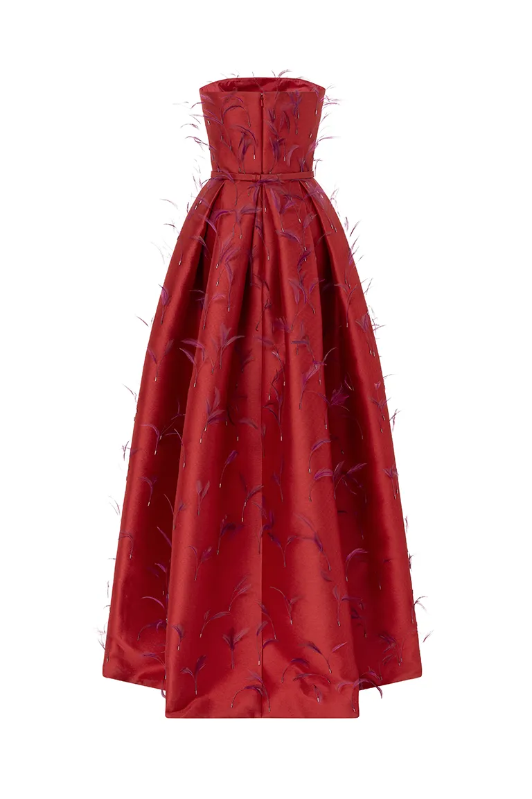 stapless dress, full length, satin dress, Aline dress, gown dress, intricate feathers dress, red dress, pockets dress, long dress, evening dress, red carpet dress, ready to wear designer, evening dress Dubai, buy dress Dubai, fashion designer Dubai, Autumn-Winter collection, gala dress