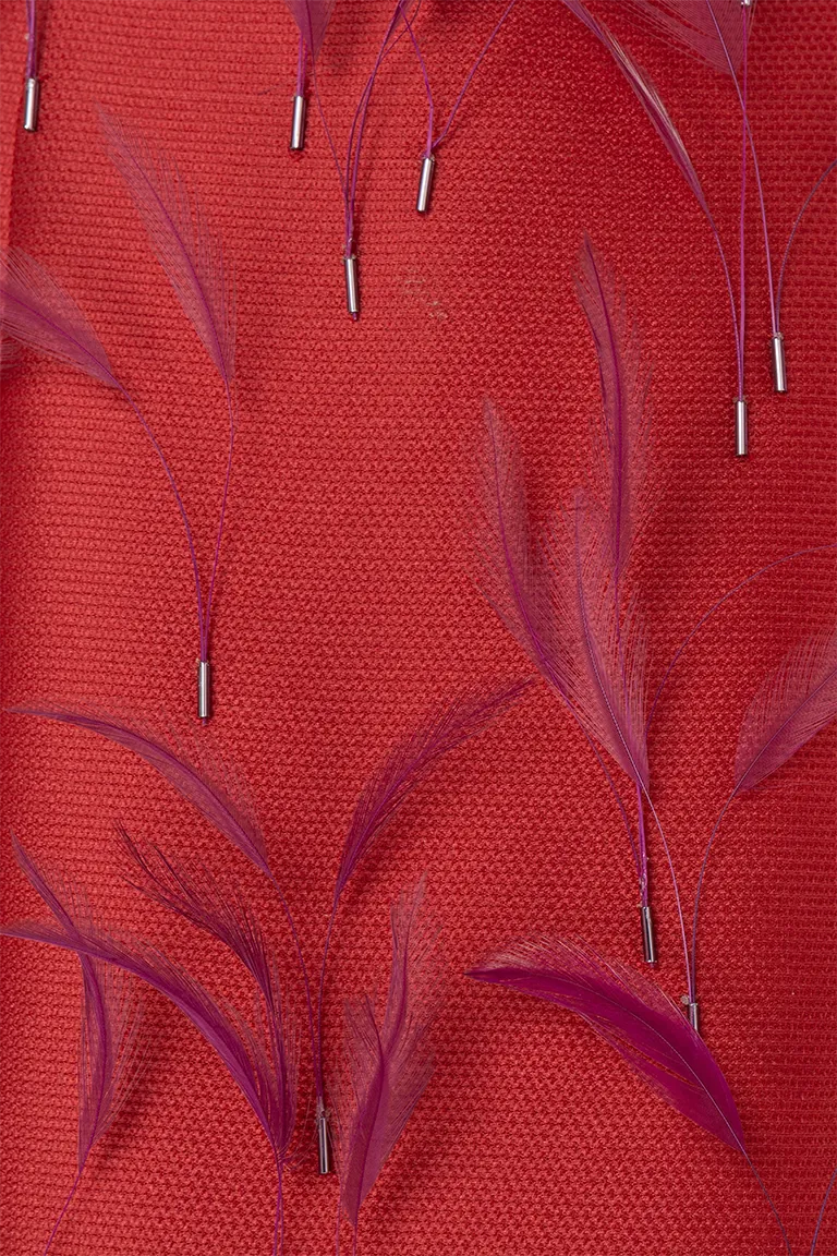 stapless dress, full length, satin dress, Aline dress, gown dress, intricate feathers dress, red dress, pockets dress, long dress, evening dress, red carpet dress, ready to wear designer, evening dress Dubai, buy dress Dubai, fashion designer Dubai, Autumn-Winter collection, gala dress