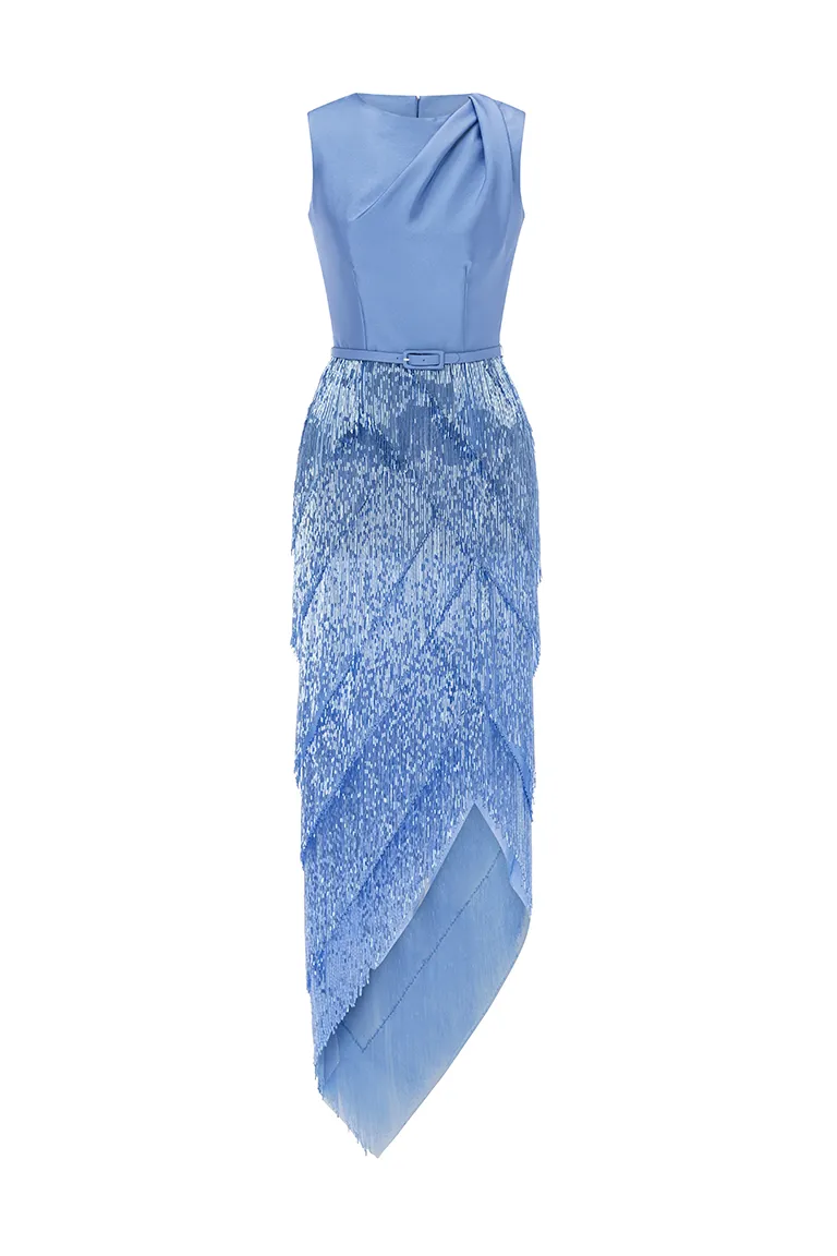 midi dress,satin dress,blue dress,tassel skirt,fully beaded skirt,party dress, red carpet dress, high side slit, slit,satin top, ready to wear designer, evening dress Dubai, buy dress Dubai, fashion designer Dubai, Autumn-Winter collection, gala dress