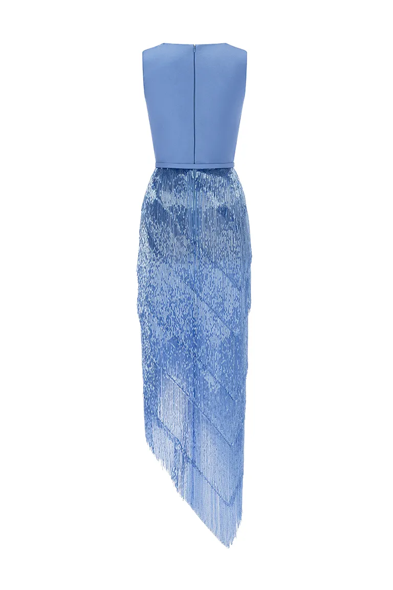 midi dress,satin dress,blue dress,tassel skirt,fully beaded skirt,party dress, red carpet dress, high side slit, slit,satin top, ready to wear designer, evening dress Dubai, buy dress Dubai, fashion designer Dubai, Autumn-Winter collection, gala dress