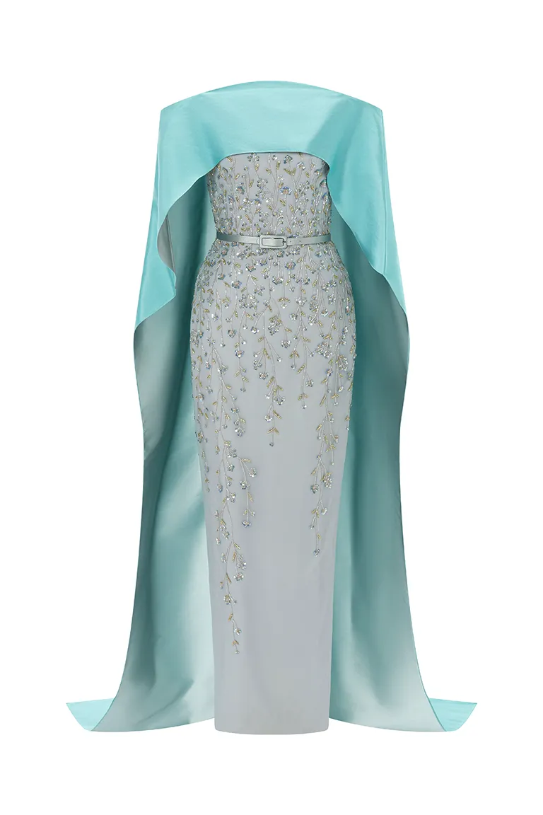 mother of the bride, cape dress, column dress, cape, satin cape,asymmetrical off-shoulder satin cape, royal dress, long dress, evening dress, silver and blue, fitted dress, beading dress, waterfall cape, 3d embellished dress, red carpet dress, strapless dress, ready to wear designer, evening dress Dubai, buy dress Dubai, fashion designer Dubai, Autumn-Winter collection, gala dress