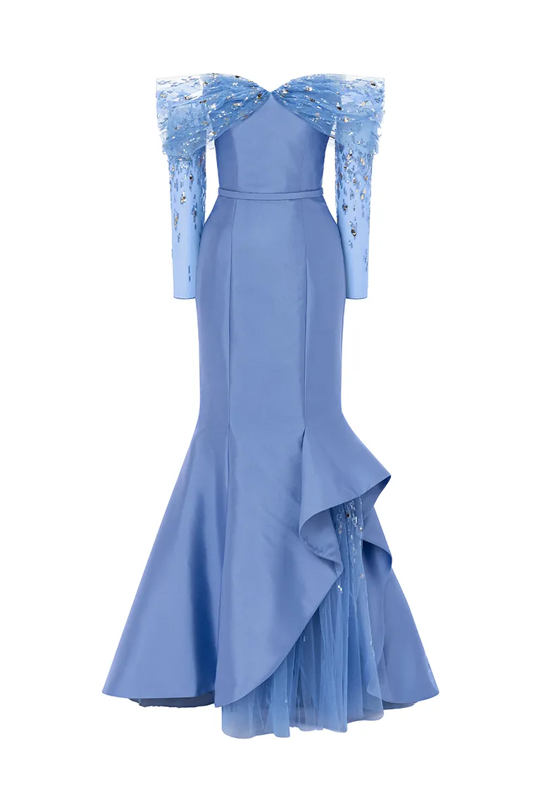 satin dress,extravagant structured dress, fitted dress,off-shoulder,party dress,red carpet dress, blue dress, allure dress, long tulle sleeves dress, intricate beadwork, embellished dress, ready to wear designer, evening dress Dubai, buy dress Dubai, fashion designer Dubai, Autumn-Winter collection, gala dress