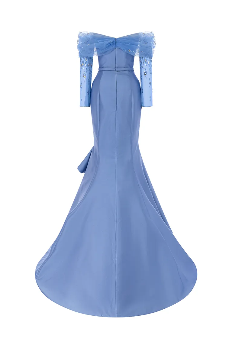 satin dress,extravagant structured dress, fitted dress,off-shoulder,party dress,red carpet dress, blue dress, allure dress, long tulle sleeves dress, intricate beadwork, embellished dress, ready to wear designer, evening dress Dubai, buy dress Dubai, fashion designer Dubai, Autumn-Winter collection, gala dress