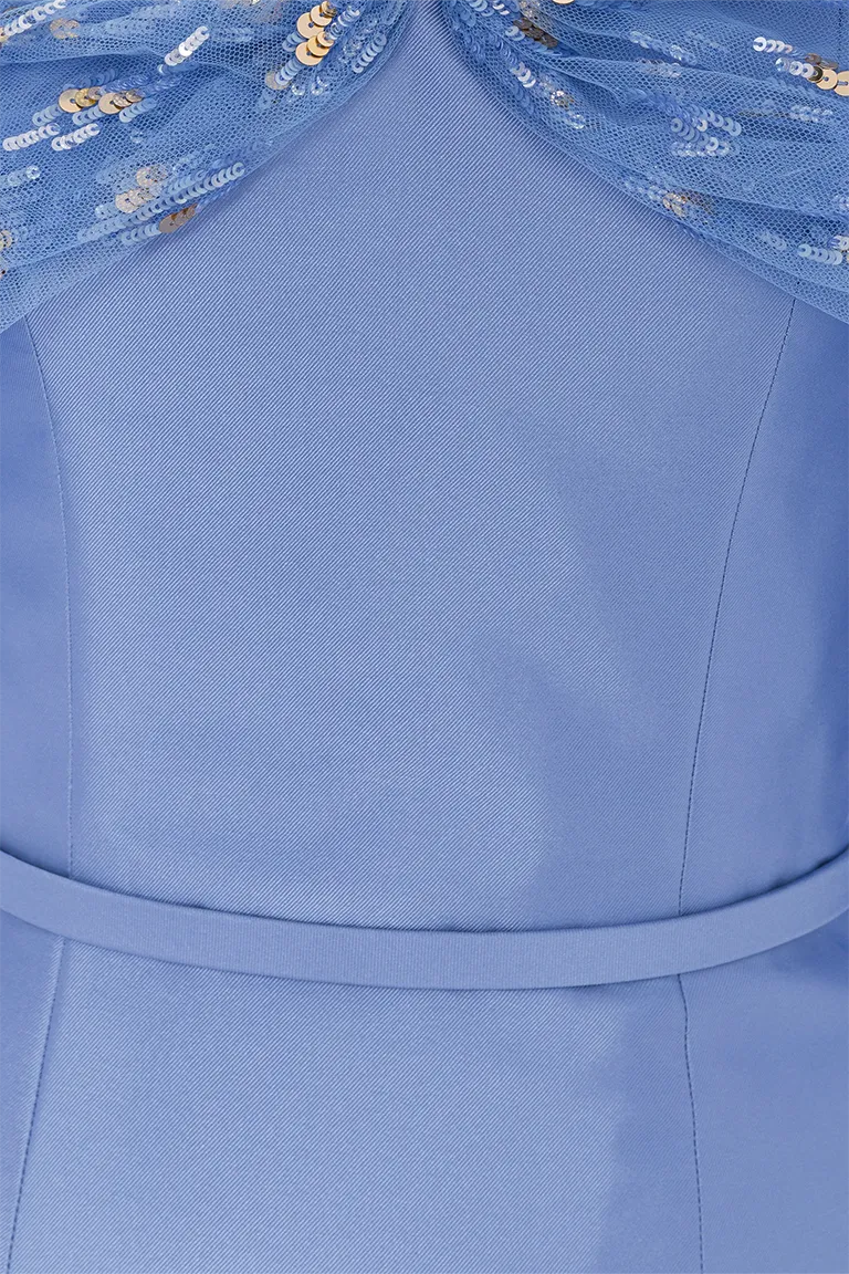 satin dress,extravagant structured dress, fitted dress,off-shoulder,party dress,red carpet dress, blue dress, allure dress, long tulle sleeves dress, intricate beadwork, embellished dress, ready to wear designer, evening dress Dubai, buy dress Dubai, fashion designer Dubai, Autumn-Winter collection, gala dress