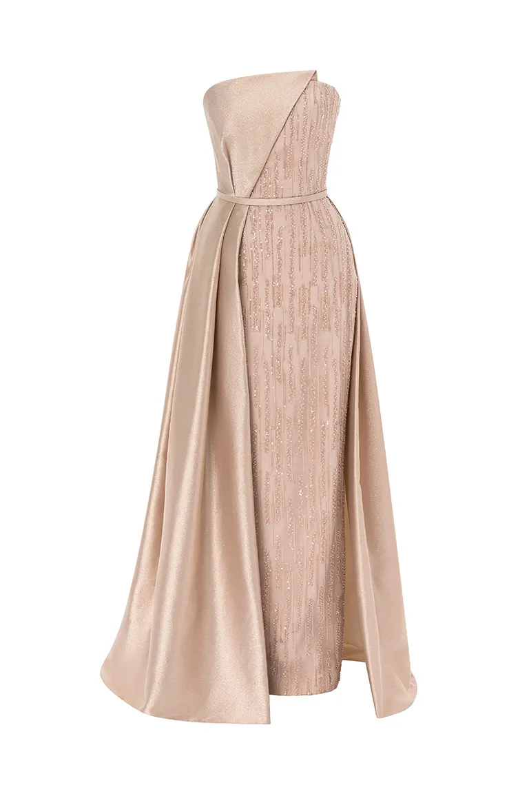 bridemaids dress, mother of the bride, cape dress, column dress, cape, royal dress, long dress, evening dress , fitted dress, beading dress, fully besded,draped top, overlay top, sation over skirt, over skirt, red carpet dress, strapless dress, ready to wear designer, evening dress Dubai, buy dress Dubai, fashion designer Dubai, Autumn-Winter collection, gala dress