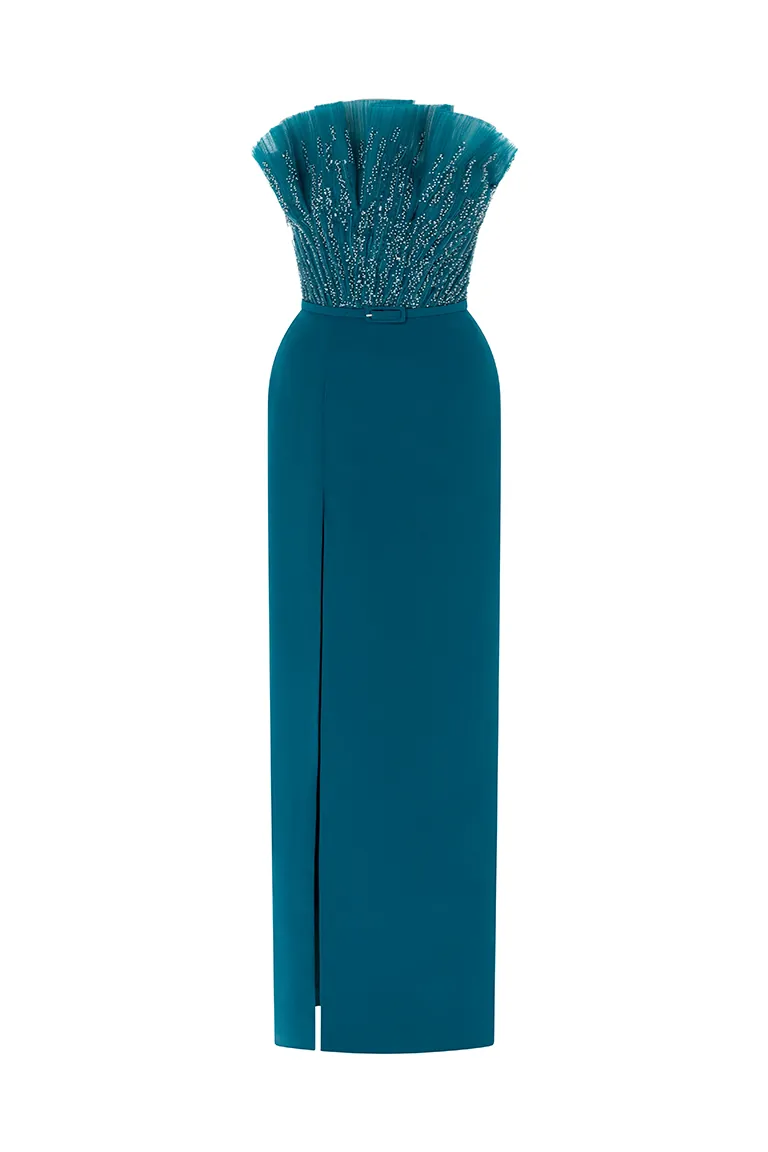 crepe dress,extravagant dress, structured dress, fitted dress,strapless dress,party dress,red carpet dress,blue dress, everglade dress, high slit, slit, embellished dress, ready to wear designer, evening dress Dubai, buy dress Dubai, fashion designer Dubai, Autumn-Winter collection, gala dress
