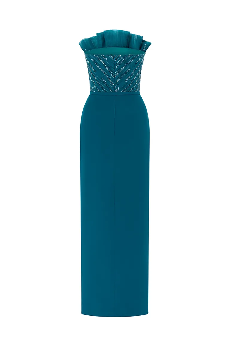 crepe dress,extravagant dress, structured dress, fitted dress,strapless dress,party dress,red carpet dress,blue dress, everglade dress, high slit, slit, embellished dress, ready to wear designer, evening dress Dubai, buy dress Dubai, fashion designer Dubai, Autumn-Winter collection, gala dress
