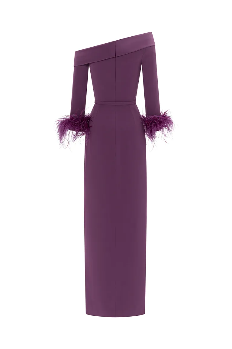off-shoulder dress, crepe dress, asymmetrical dress, purple dress, fitted dress, feathered sleeves, long sleeves, slit, high side slit, party dress,red carpet dress, ready to wear designer, evening dress Dubai, buy dress Dubai, fashion designer Dubai, Autumn-Winter collection, gala dress