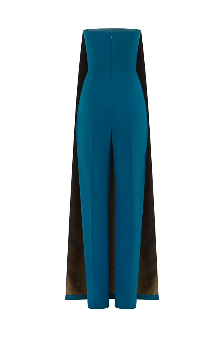 cape jumpsuit, satin jumpsuit ,embelished jumpsuit, cape, front cape, blue jumpsuit, red carpet dress, strapless jumpsuit, strapless dress, ready to wear designer, evening dress Dubai, buy jumpsuit Dubai, fashion designer Dubai, Autumn-Winter collection, gala dress gala jumpsuit