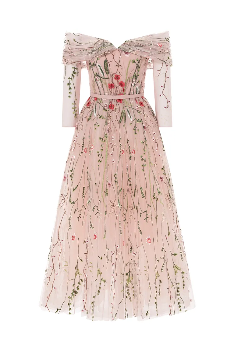 floral tulle, embroidered tulle,off-shoulder,long sleeves ,pink gown, tulle skirt, midi dress, evening dress, beading dress, embellished dress, red carpet dress, ready to wear designer, evening dress Dubai, buy dress Dubai, fashion designer Dubai, Autumn-Winter collection, gala dress