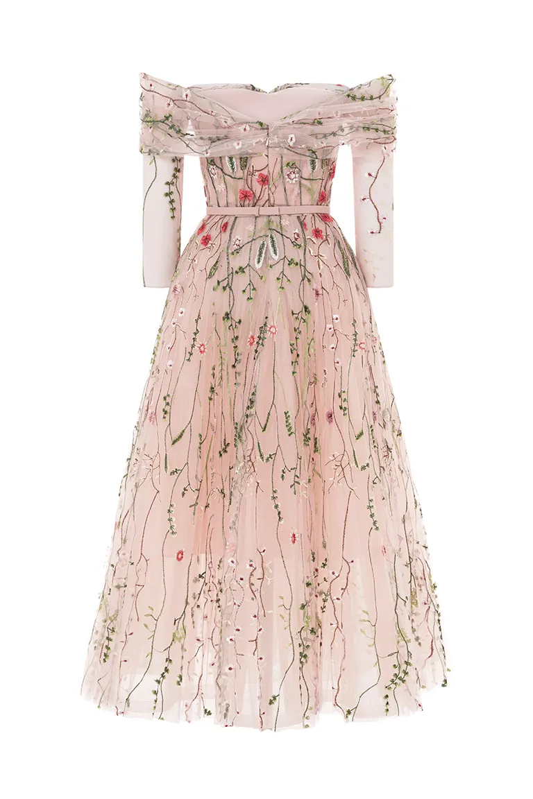 floral tulle, embroidered tulle,off-shoulder,long sleeves ,pink gown, tulle skirt, midi dress, evening dress, beading dress, embellished dress, red carpet dress, ready to wear designer, evening dress Dubai, buy dress Dubai, fashion designer Dubai, Autumn-Winter collection, gala dress