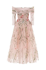 floral tulle, embroidered tulle,off-shoulder,long sleeves ,pink gown, tulle skirt, midi dress, evening dress, beading dress,  embellished dress, red carpet dress, ready to wear designer, evening dress Dubai, buy dress Dubai, fashion designer Dubai,  Autumn-Winter collection, gala dress
