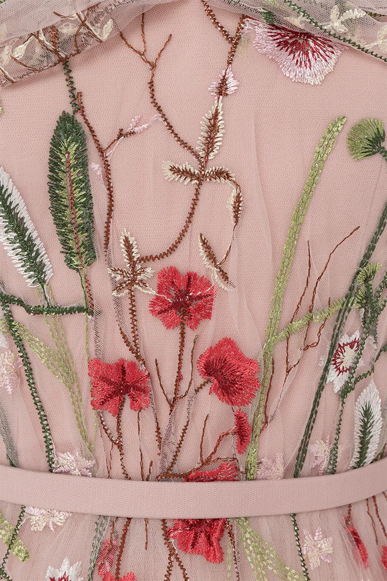 floral tulle, embroidered tulle,off-shoulder,long sleeves ,pink gown, tulle skirt, midi dress, evening dress, beading dress, embellished dress, red carpet dress, ready to wear designer, evening dress Dubai, buy dress Dubai, fashion designer Dubai, Autumn-Winter collection, gala dress