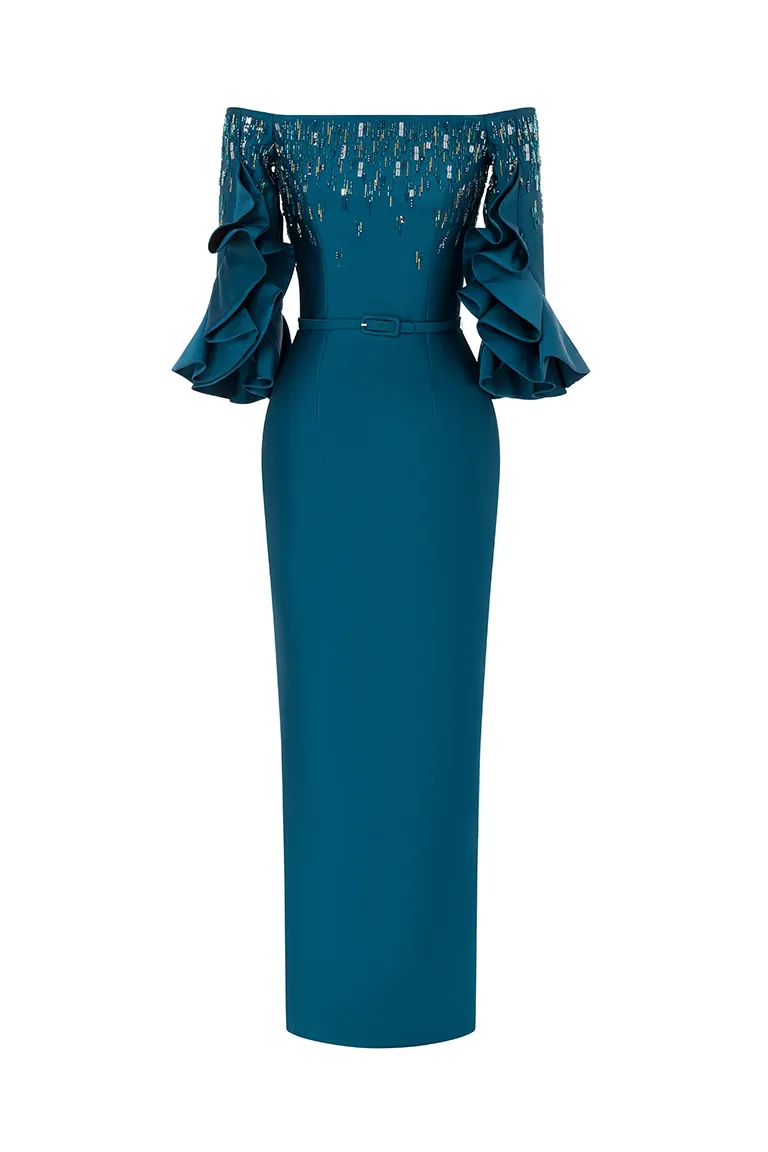 off-shoulder dress, long dress, evening dress,blue dress, dress with high back slit, full length, ruffled sleeve dress, fitted dress, satin dress, beaded top, red carpet dress, ready to wear designer, evening dress Dubai, buy dress Dubai, fashion designer Dubai, Autumn-Winter collection, gala dress