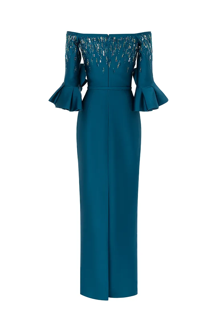 off-shoulder dress, long dress, evening dress,blue dress, dress with high back slit, full length, ruffled sleeve dress, fitted dress, satin dress, beaded top, red carpet dress, ready to wear designer, evening dress Dubai, buy dress Dubai, fashion designer Dubai, Autumn-Winter collection, gala dress