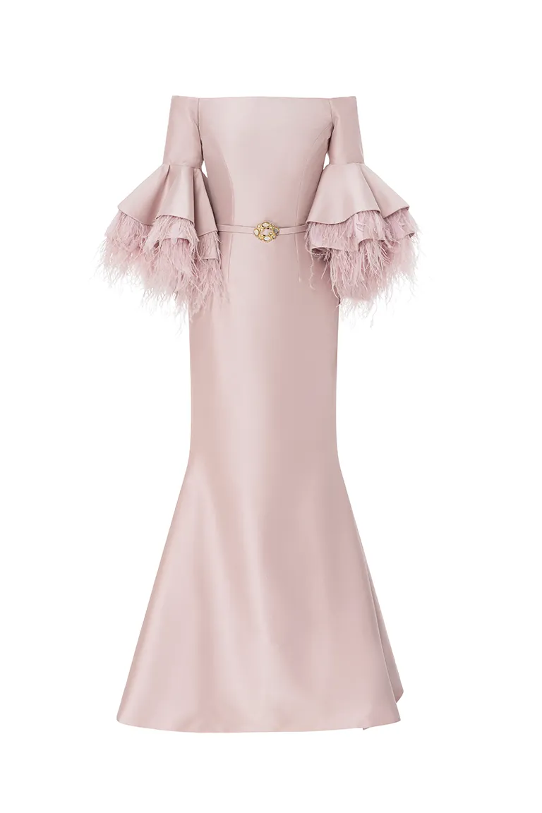 off-shoulder dress, crepe gown, pink dress, fitted dress,feathered sleeves,bell sleeves, mother of the bride dress, jewellery belt, red carpet dress, ready to wear designer, evening dress Dubai, buy dress Dubai, fashion designer Dubai, Autumn-Winter collection, gala dress