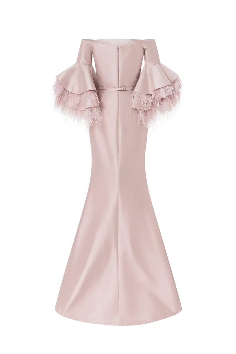 off-shoulder dress, crepe gown, pink dress, fitted dress,feathered sleeves,bell sleeves, mother of the bride dress, jewellery belt, red carpet dress, ready to wear designer, evening dress Dubai, buy dress Dubai, fashion designer Dubai, Autumn-Winter collection, gala dress