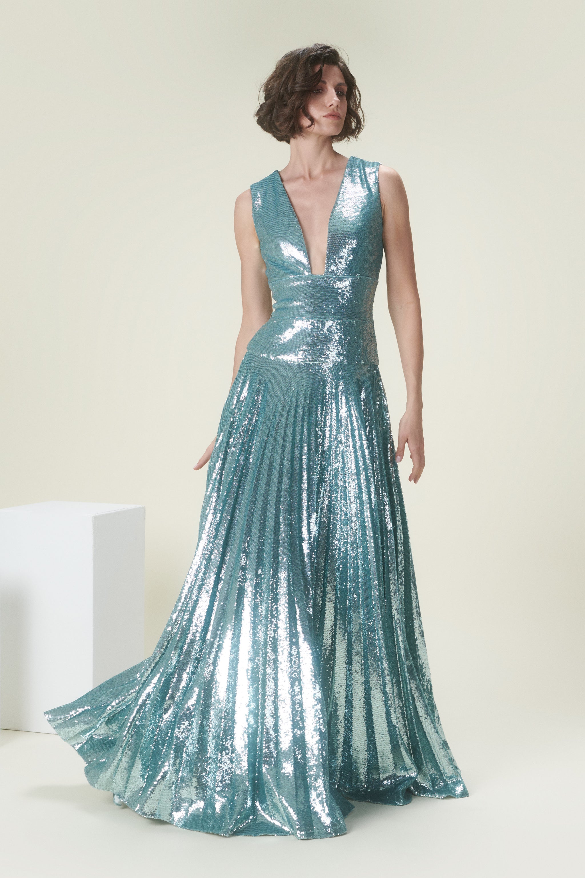 Pleated Sequin Long Dress