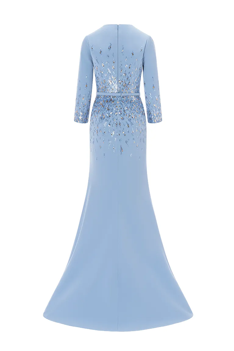 mother of the bride,  full length, crepe dress, mermaid dress, fitted crepe dress, fully beaded dress, blue dress, long sleeves, long dress, deep v neckline, evening dress, , red carpet dress,  ready to wear designer, evening dress Dubai, buy dress Dubai, fashion designer Dubai, Autumn-Winter collection, gala dress