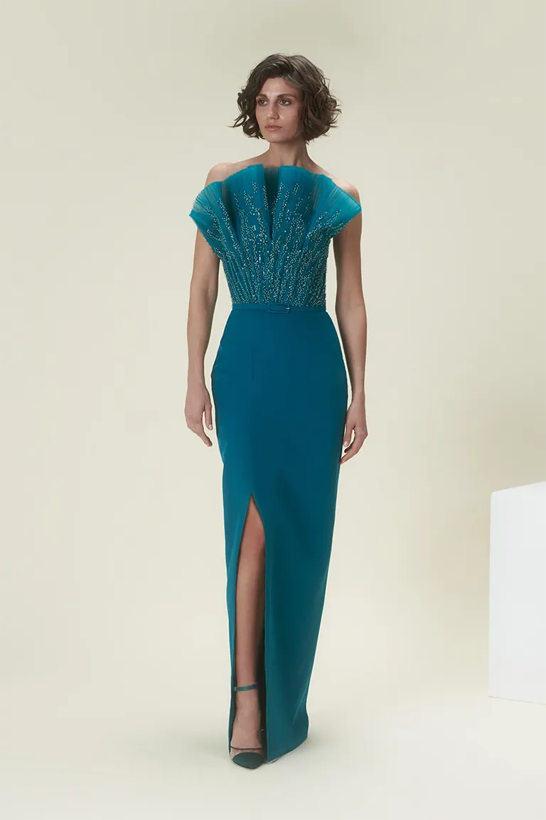 crepe dress,extravagant dress, structured dress, fitted dress,strapless dress,party dress,red carpet dress,blue dress, everglade dress, high slit, slit, embellished dress, ready to wear designer, evening dress Dubai, buy dress Dubai, fashion designer Dubai, Autumn-Winter collection, gala dress