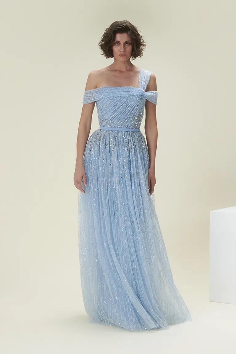 Embellished Tulle Asymmetrical Dress Powder-Blue / FR 50 - Preorder