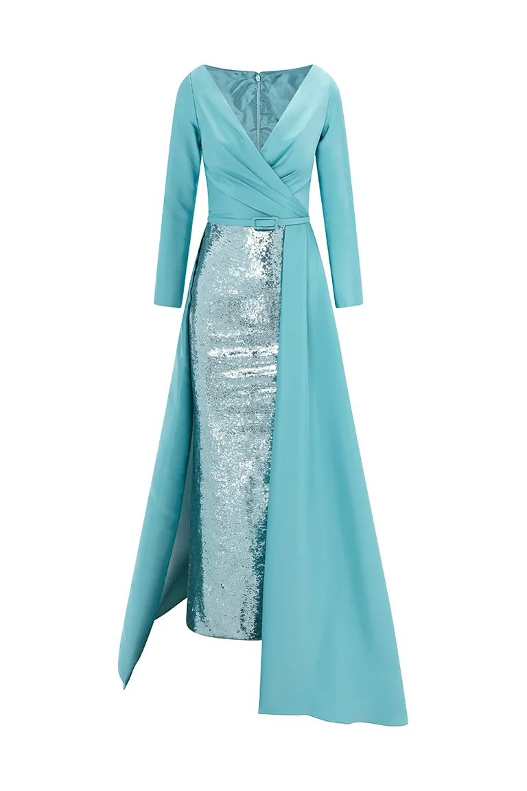 structured dress,sequined skirt, fitted dress,long sleeves, deep v neckline,party dress,red carpet dress,blue dress,satin dess,pleated over skirt, over skirt, fully sequined , ready to wear designer, evening dress Dubai, buy dress Dubai, fashion designer Dubai, Autumn-Winter collection, gala dress