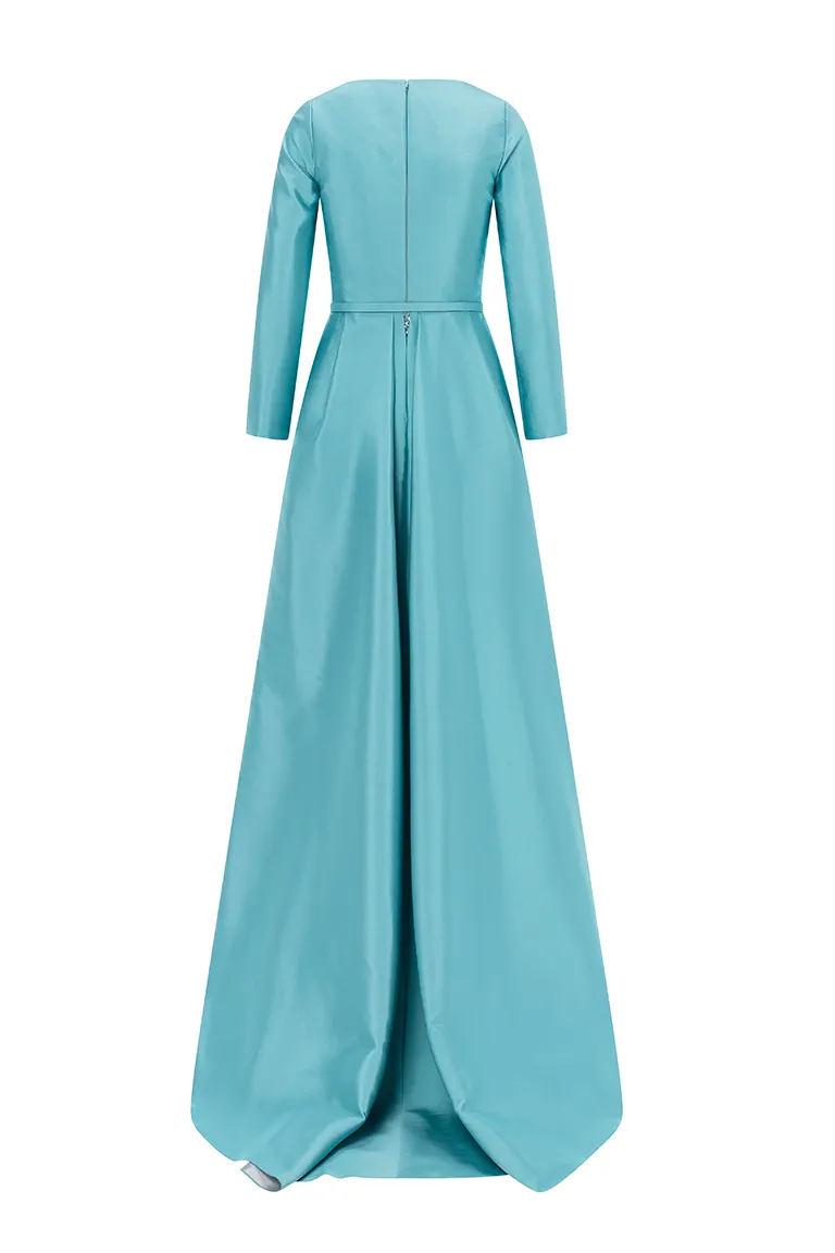 structured dress,sequined skirt, fitted dress,long sleeves, deep v neckline,party dress,red carpet dress,blue dress,satin dess,pleated over skirt, over skirt, fully sequined , ready to wear designer, evening dress Dubai, buy dress Dubai, fashion designer Dubai, Autumn-Winter collection, gala dress