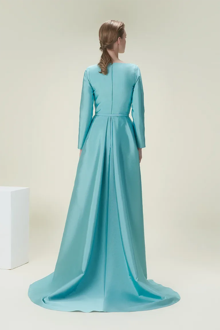 structured dress,sequined skirt, fitted dress,long sleeves, deep v neckline,party dress,red carpet dress,blue dress,satin dess,pleated over skirt, over skirt, fully sequined , ready to wear designer, evening dress Dubai, buy dress Dubai, fashion designer Dubai, Autumn-Winter collection, gala dress