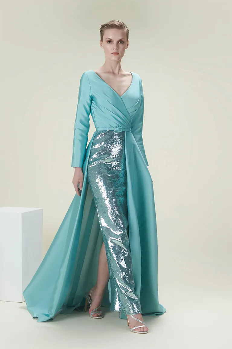 structured dress,sequined skirt, fitted dress,long sleeves, deep v neckline,party dress,red carpet dress,blue dress,satin dess,pleated over skirt, over skirt, fully sequined , ready to wear designer, evening dress Dubai, buy dress Dubai, fashion designer Dubai, Autumn-Winter collection, gala dress