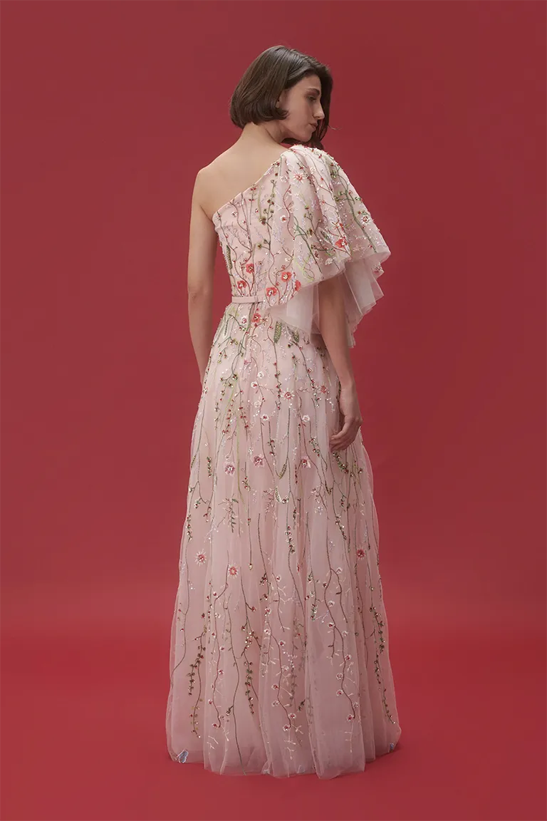 floral tulle, embroidered tulle, asymmetrical shoulder,ruffled bell sleeves ,pink gown, tulle skirt, long dress, evening dress, beading dress,  embellished dress, red carpet dress, ready to wear designer, evening dress Dubai, buy dress Dubai, fashion designer Dubai, Autumn-Winter collection, gala dress
