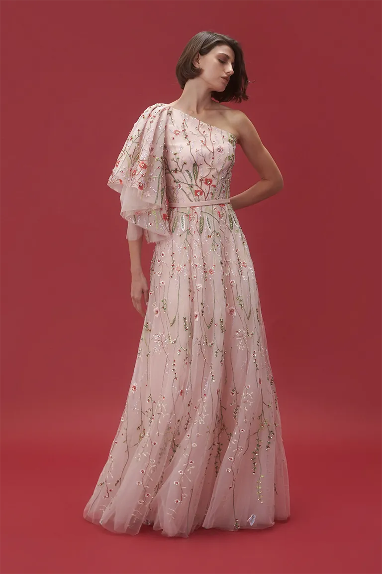 floral tulle, embroidered tulle, asymmetrical shoulder,ruffled bell sleeves ,pink gown, tulle skirt, long dress, evening dress, beading dress,  embellished dress, red carpet dress, ready to wear designer, evening dress Dubai, buy dress Dubai, fashion designer Dubai, Autumn-Winter collection, gala dress