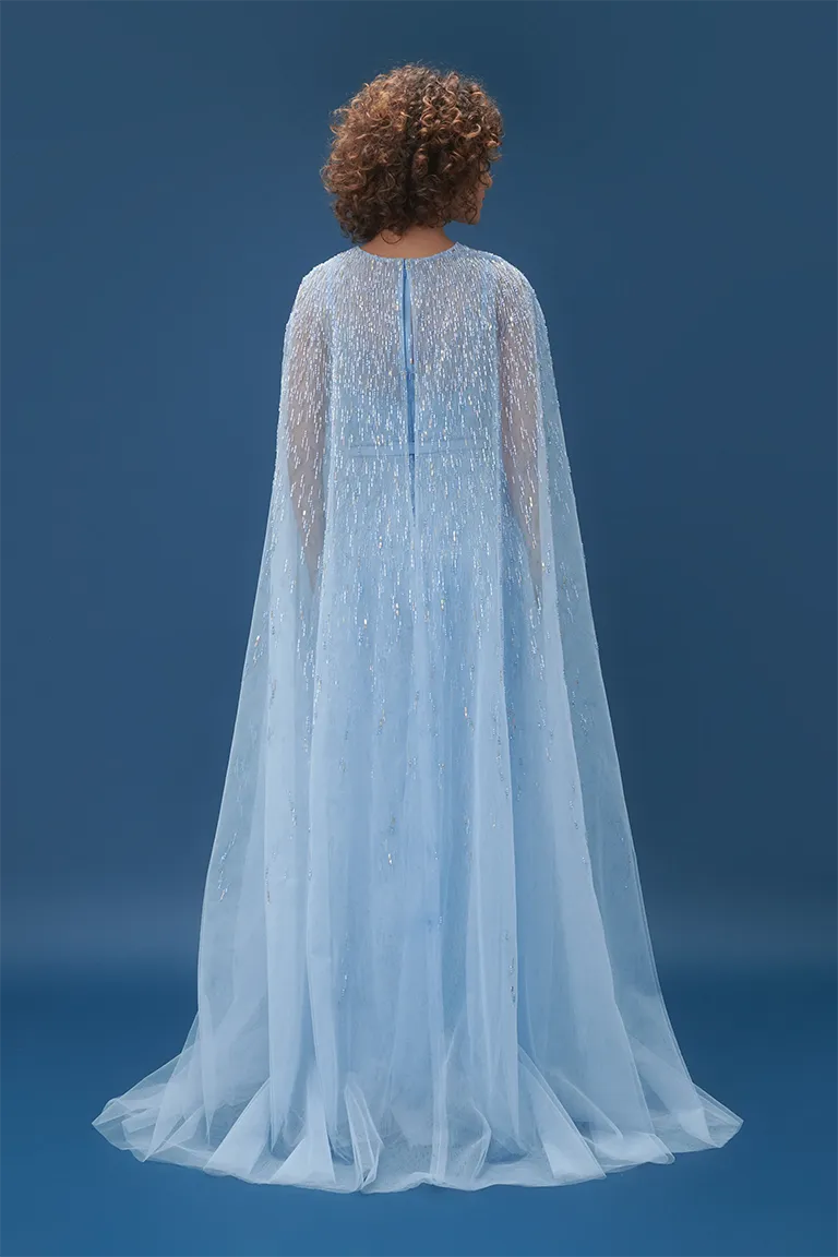 mother of the bride, beadwork, blue dress, embroidery, beading, flowy fully embellished cape dress,capes dress, tulle dress, ball gown, long dress, tulle cape, evening dress, beading dress, red carpet dress, ready to wear designer, evening dress Dubai, buy dress Dubai, fashion designer Dubai, Autumn-Winter collection, gala dress
