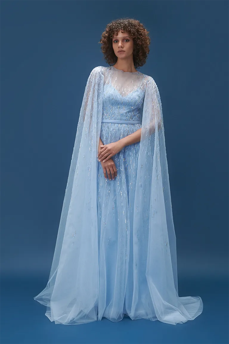 mother of the bride, beadwork, blue dress, embroidery, beading, flowy fully embellished cape dress,capes dress,  tulle dress, ball gown, long dress, tulle cape, evening dress, beading dress, red carpet dress, ready to wear designer, evening dress Dubai, buy dress Dubai, fashion designer Dubai, Autumn-Winter collection, gala dress