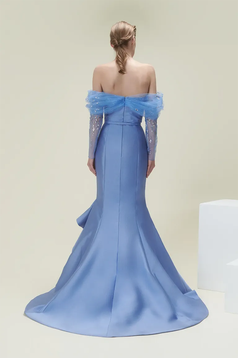 satin dress,extravagant structured dress, fitted dress,off-shoulder,party dress,red carpet dress, blue dress, allure dress, long tulle sleeves dress, intricate beadwork, embellished dress, ready to wear designer, evening dress Dubai, buy dress Dubai, fashion designer Dubai, Autumn-Winter collection, gala dress