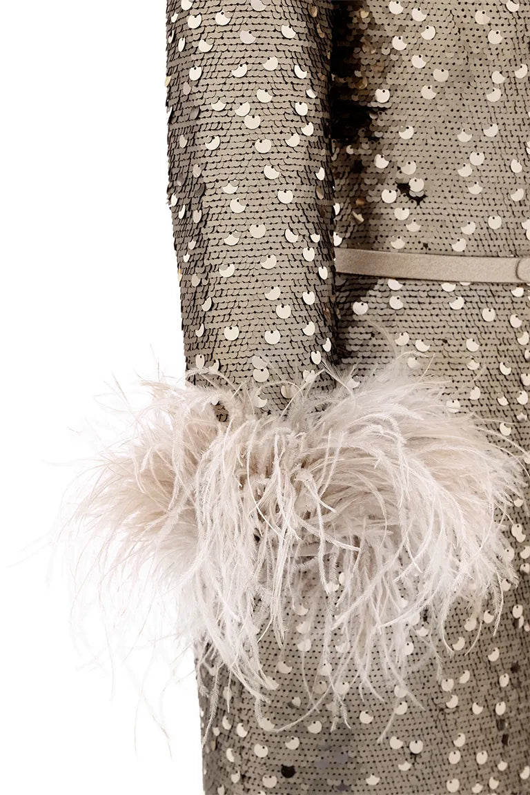 glittering dress, sequined dress, fitted dress, feathered sleeves, off-shoulder, party dress, red carpet dress, gold dress, ready to wear designer, evening dress Dubai, buy dress Dubai, fashion designer Dubai, Autumn-Winter collection, gala dress