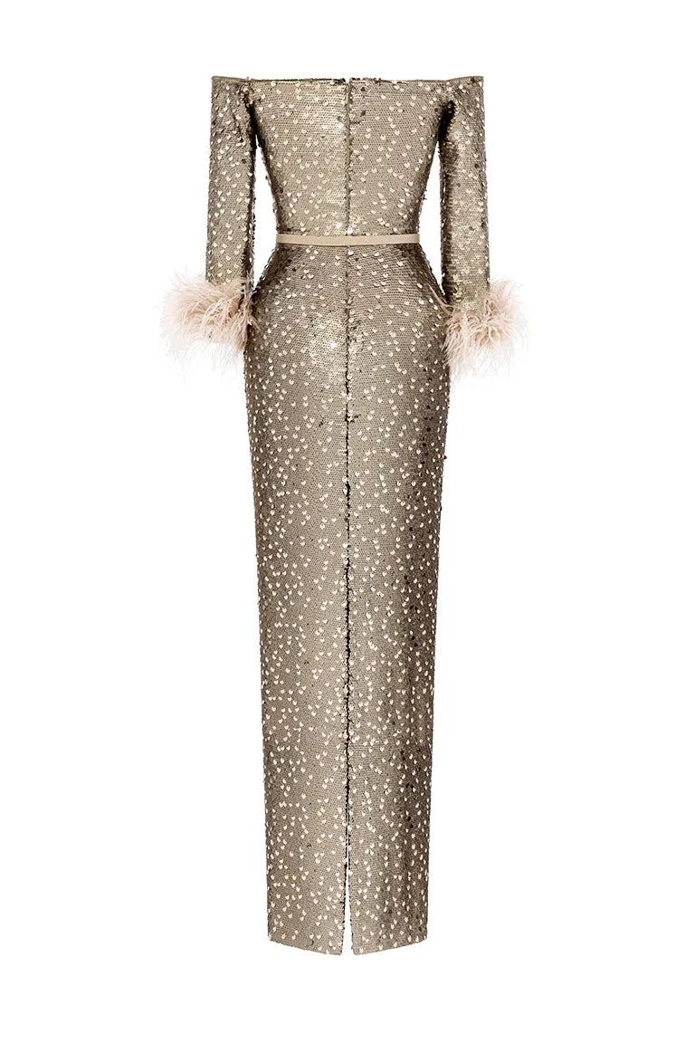 glittering dress, sequined dress, fitted dress, feathered sleeves, off-shoulder, party dress, red carpet dress, gold dress, ready to wear designer, evening dress Dubai, buy dress Dubai, fashion designer Dubai, Autumn-Winter collection, gala dress