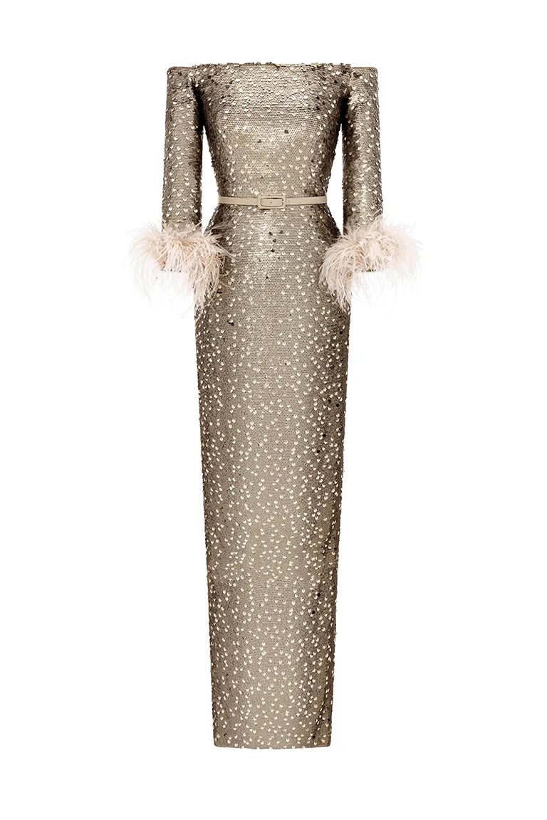 glittering dress, sequined dress, fitted dress, feathered sleeves, off-shoulder, party dress, red carpet dress, gold dress, ready to wear designer, evening dress Dubai, buy dress Dubai, fashion designer Dubai, Autumn-Winter collection, gala dress