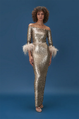 glittering dress, sequined dress, fitted dress, feathered sleeves, off-shoulder, party dress, red carpet dress, gold dress, ready to wear designer, evening dress Dubai, buy dress Dubai, fashion designer Dubai, Autumn-Winter collection, gala dress