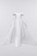 Delicate tubino beaded satin wedding dress with asymmetric pleated overskirt