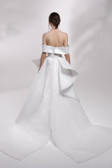 Delicate tubino beaded satin wedding dress with asymmetric pleated overskirt